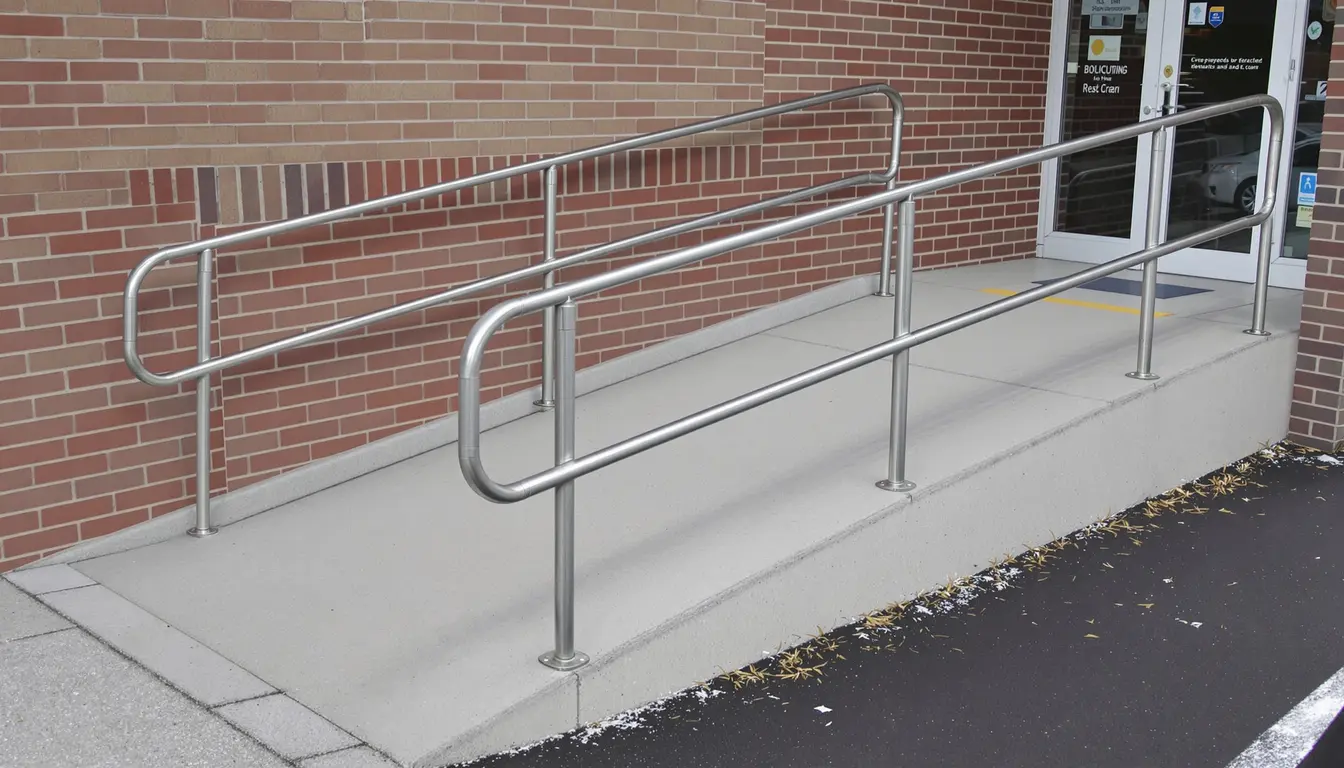 Finished ADA concrete ramp installation with detectable warning surface — commercial property